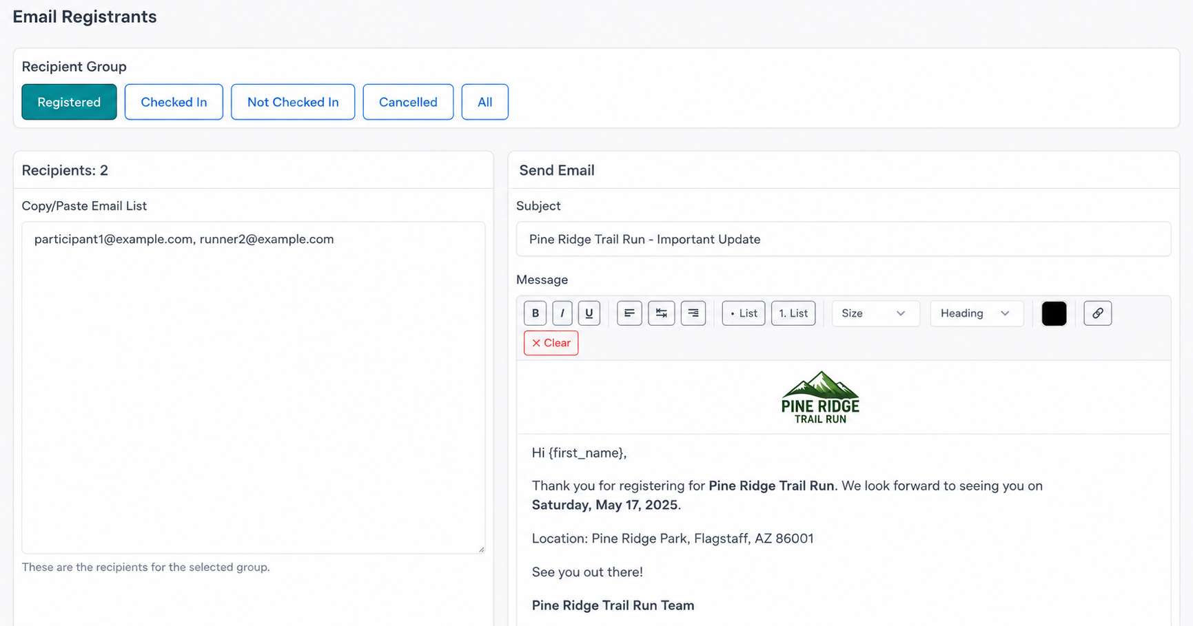 The email composer, choosing an audience by distance and status